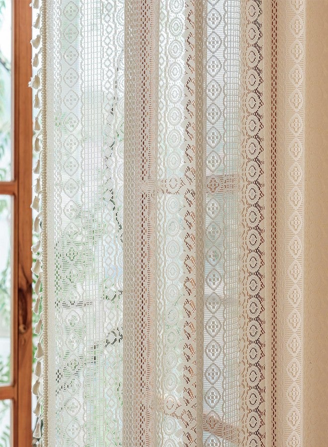 TERLYTEX Boho Curtains 80 Inches Long 2 Panels, W60 x L80 Inch, Geometric Stripes Crochet Patterned Lace Curtains with Tassels for Living Room Rod Pocket Light Filtering Privacy Vintage Bohemian Window Curtain - Image 5